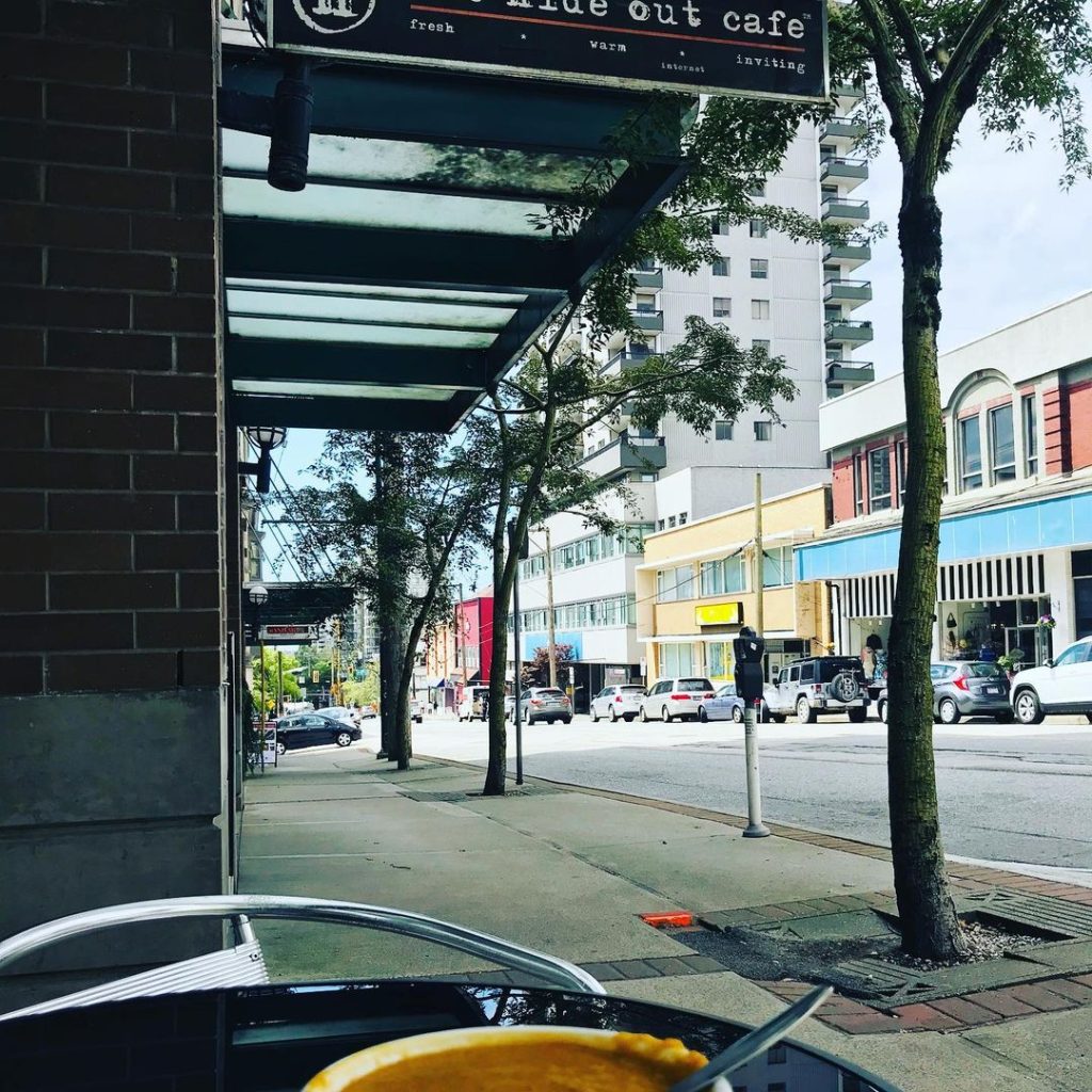 An outdoor patio and street view