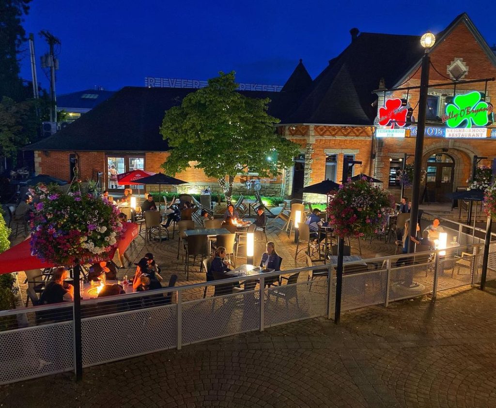 An outdoor patio at night